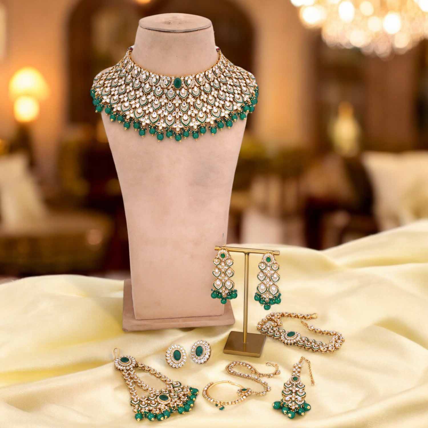 Bridal Emerald Necklaces Bridal Emerald Green Kundan Long Necklace Set –  Curio Cottage