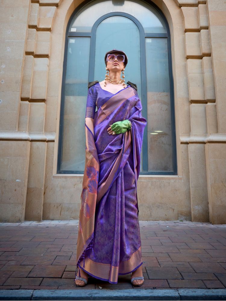 Purple Pure Handloom Organza Saree – Bling Bag - Main Image