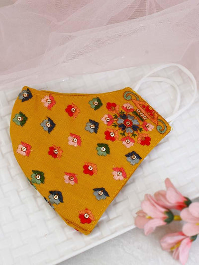 Mustard Tulip Embroidery Designer Mask - Bling Bag
