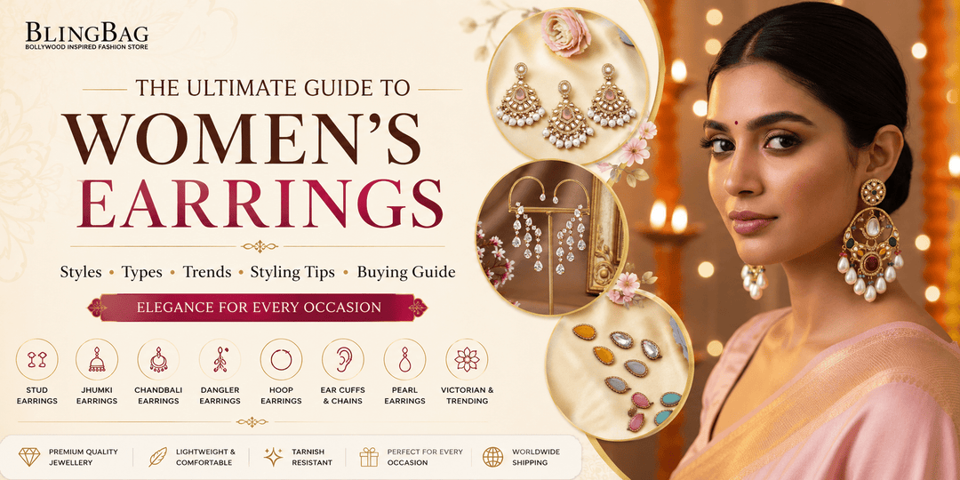 The Ultimate Guide to Women's Earrings by Blingbag featuring stud earrings, jhumkis, chandbalis, Victorian earrings and pearl earrings