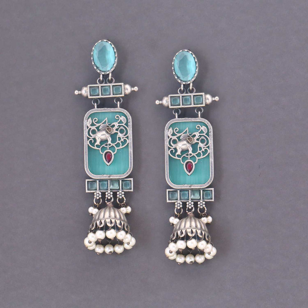 Turquoise Mukkishi Oxidised Jhumkis
