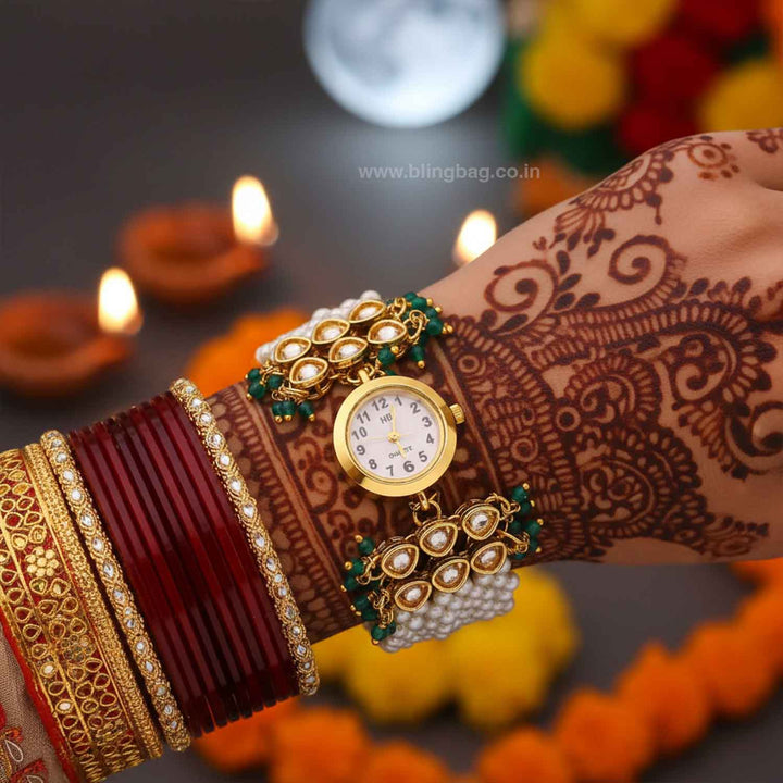 BlingBag Emerald Wareeka Kundan Watch