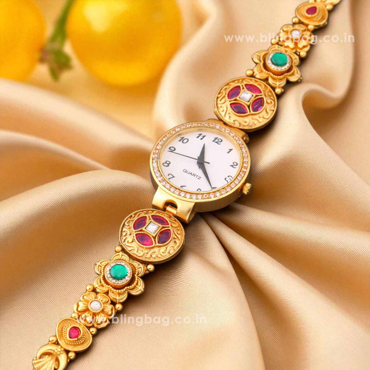 Blingbag Gold-Plated Kundan Kanika Dial Watch
