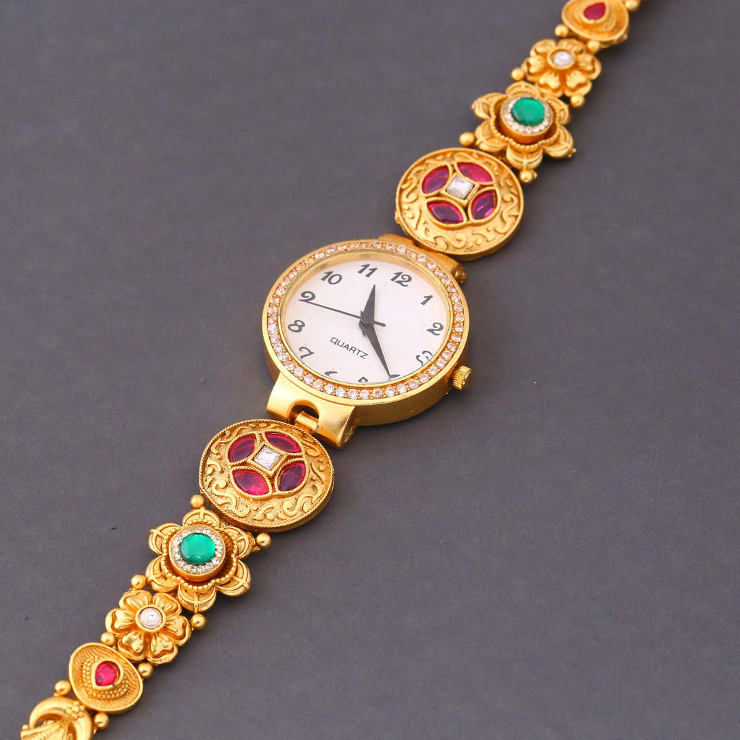 Blingbag Gold-Plated Kundan Kanika Dial Watch