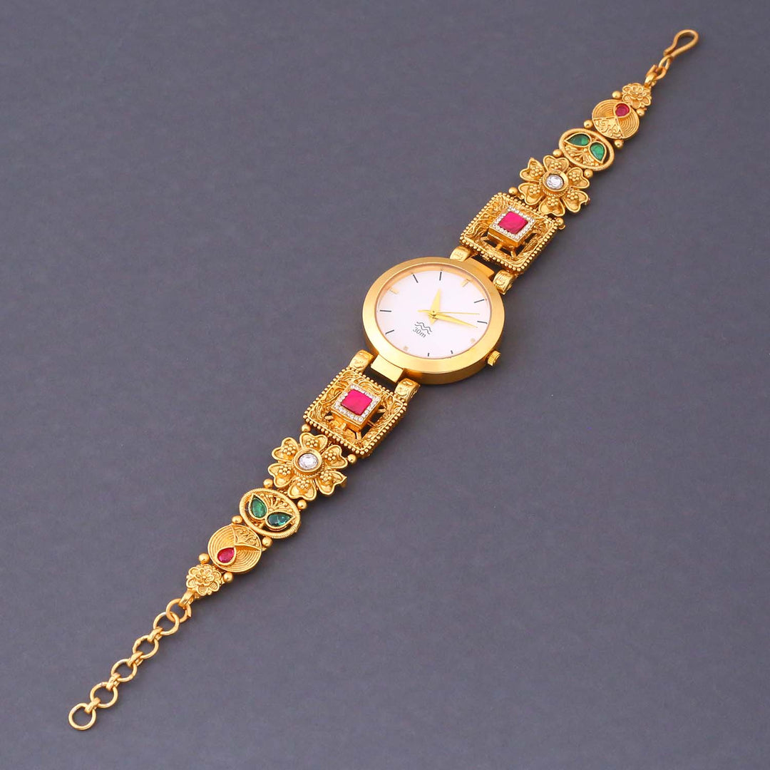 Blingbag Gold-Plated Kundan Rajkumari Dial Watch