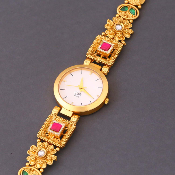 Blingbag Gold-Plated Kundan Rajkumari Dial Watch