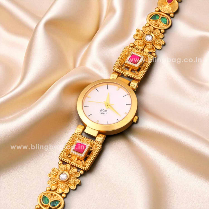 Blingbag Gold-Plated Kundan Rajkumari Dial Watch