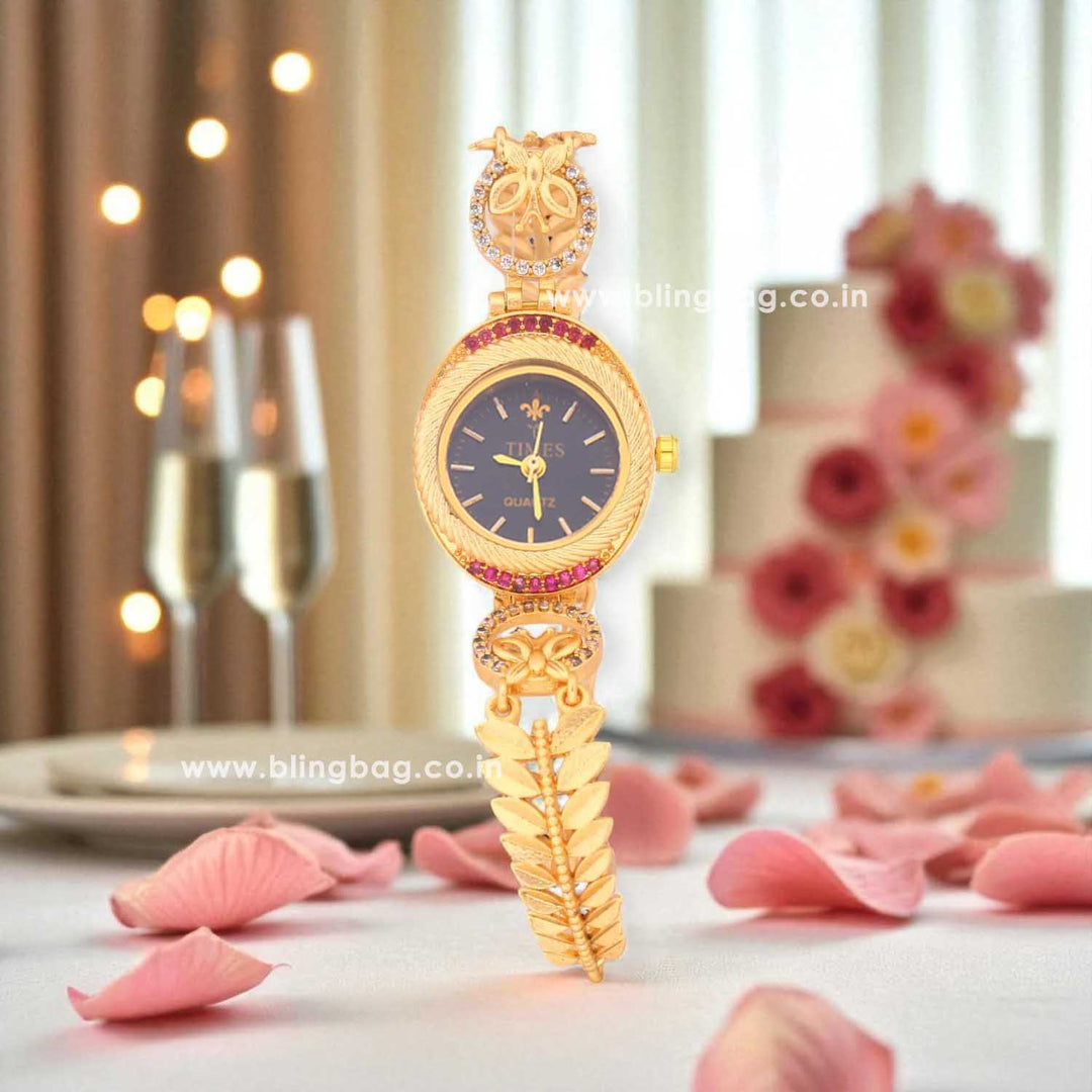 Blingbag Gold- Plated Leaf Black Dial Design Watch