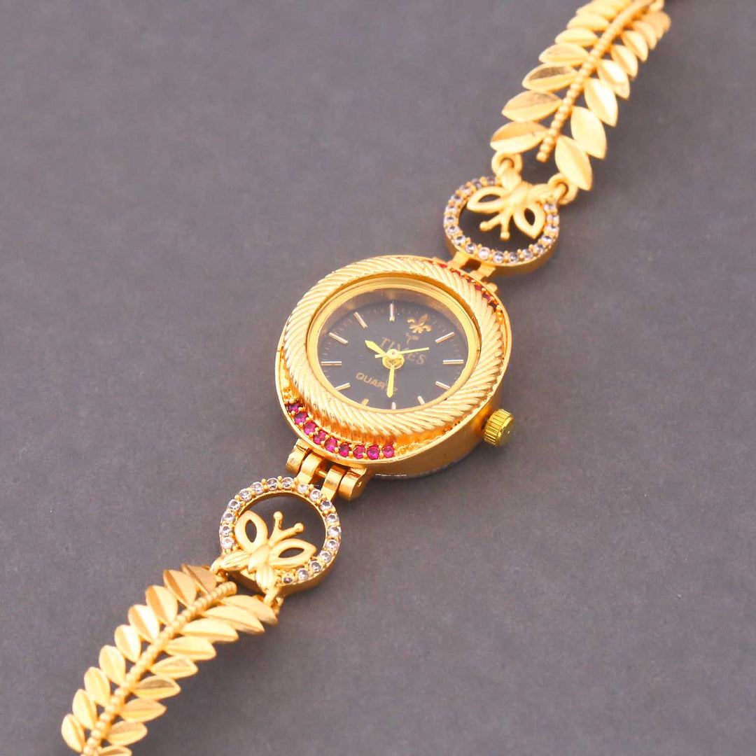 Blingbag Gold- Plated Leaf Black Dial Design Watch