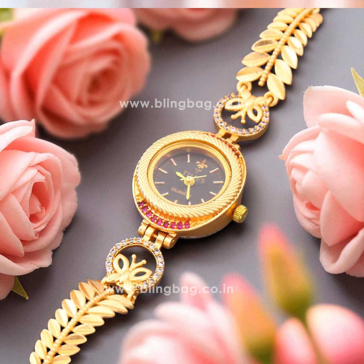 Blingbag Gold- Plated Leaf Black Dial Design Watch