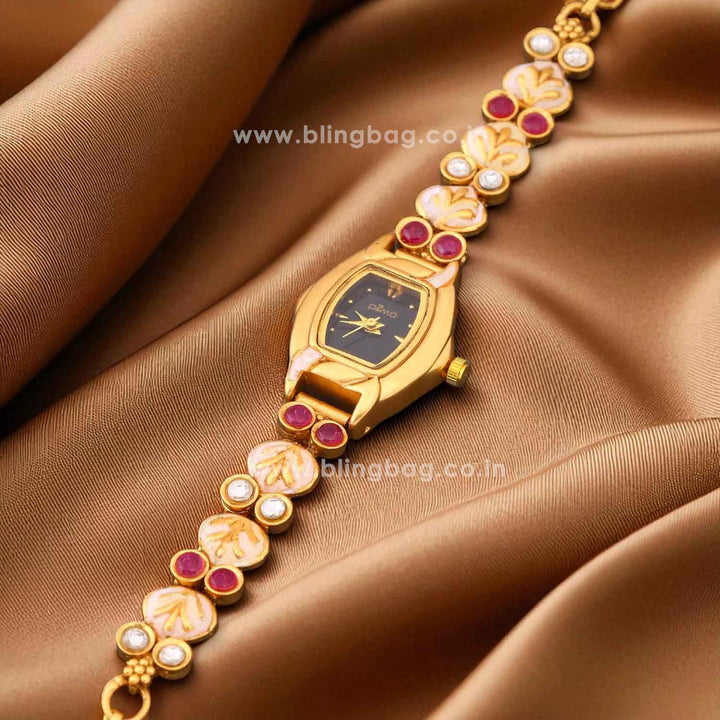 Blingbag Gold-Plated Noir Flora Dial Watch