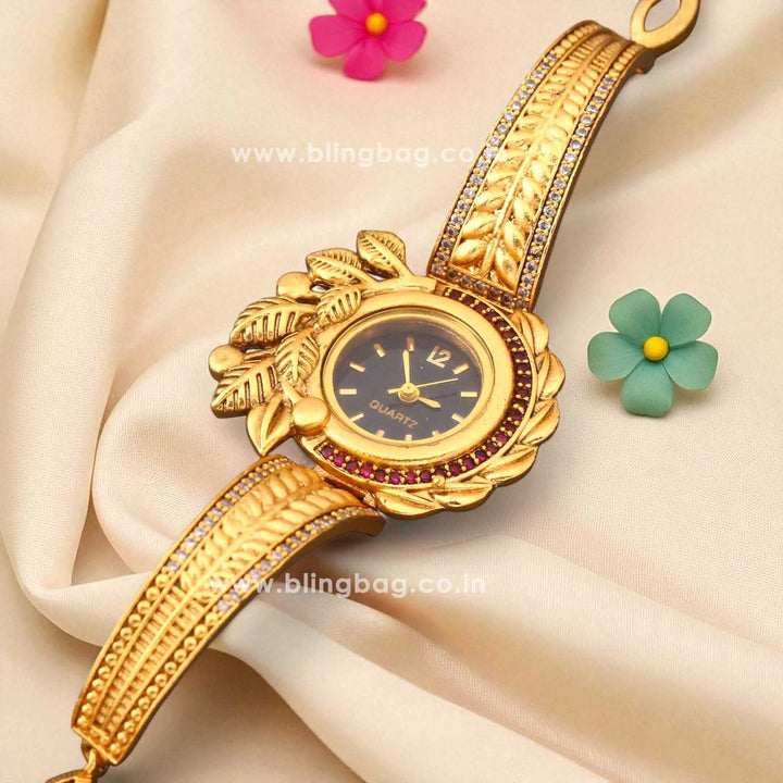 Blingbag Regal Leaf Motif Gold Watch