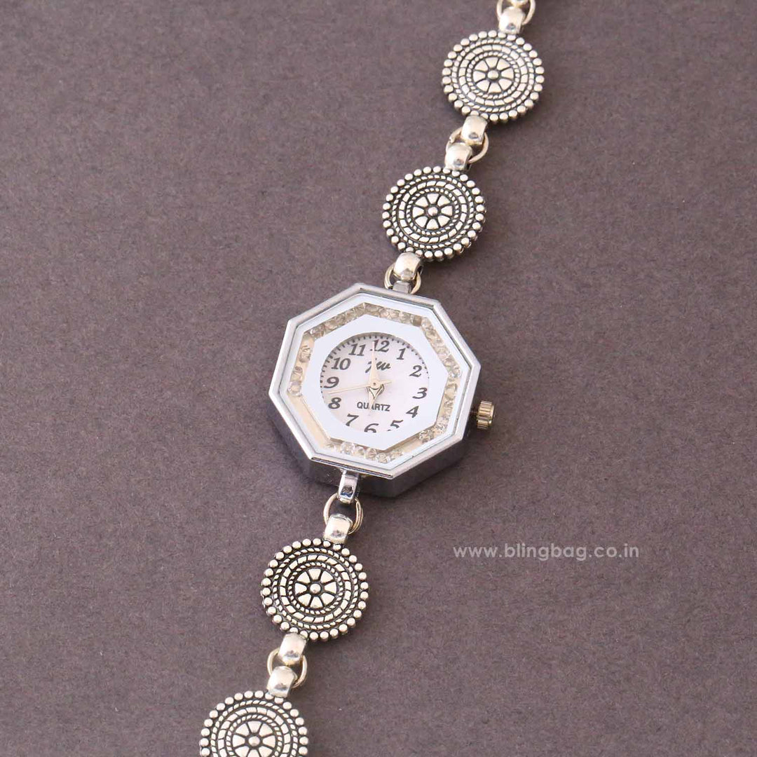 Blingbag Silver Rajvika Oxidised Watch