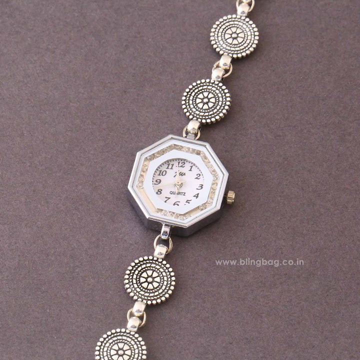 Blingbag Silver Rajvika Oxidised Watch
