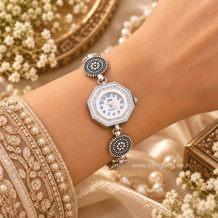 Blingbag Silver Rajvika Oxidised Watch