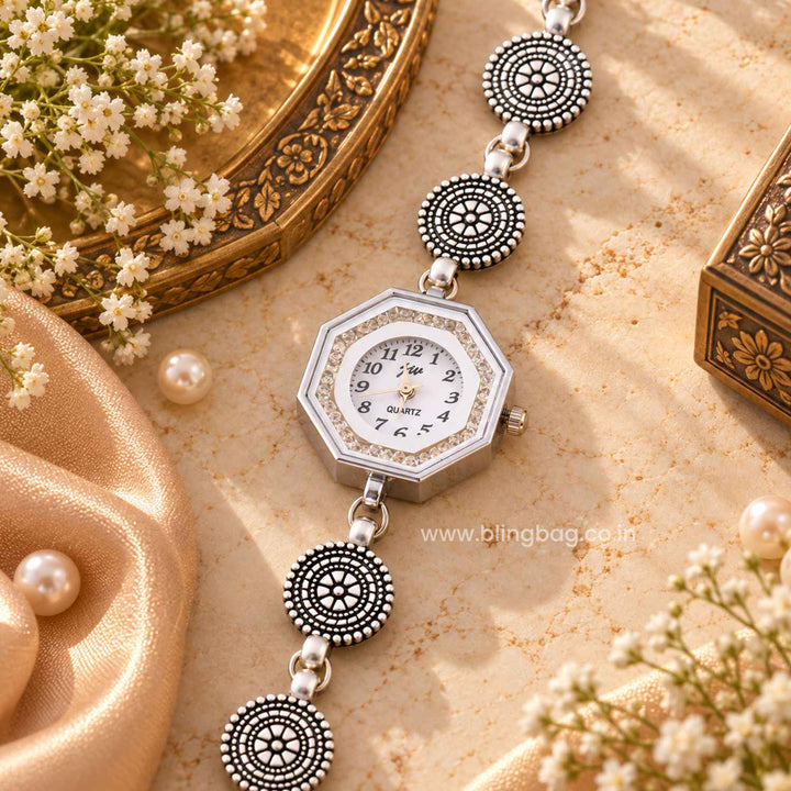 Blingbag Silver Rajvika Oxidised Watch