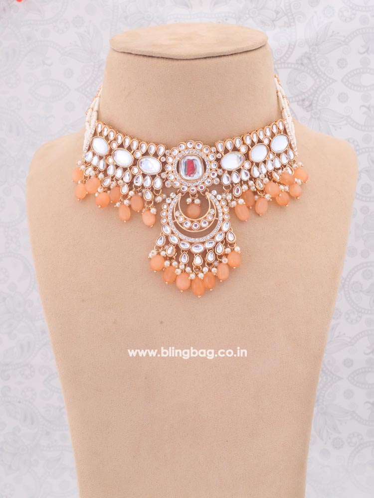 Peach Arpani Kundan Jewellery Set - EOSS