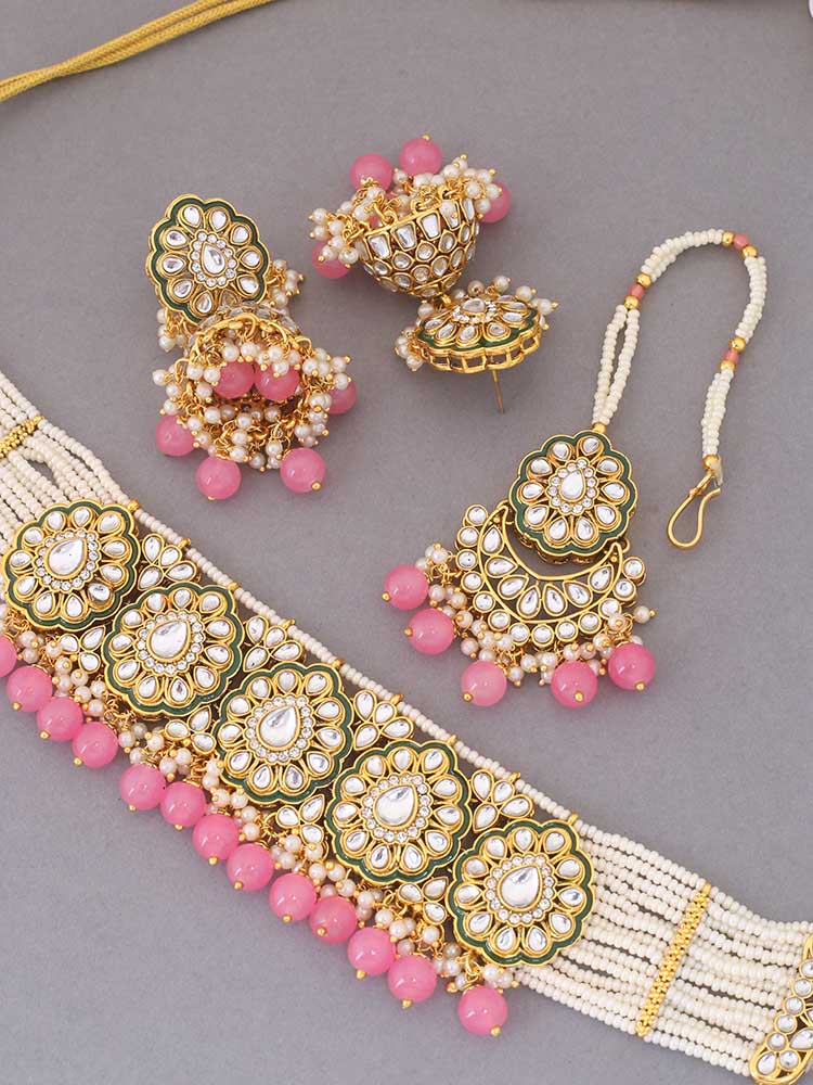 Coral Pranami Kundan Jewellery Set