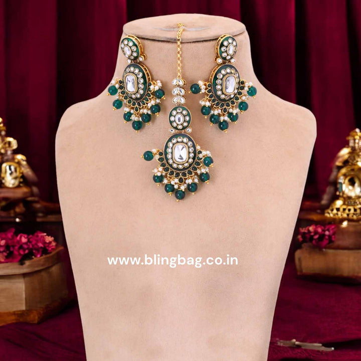 Emerald Aachal Kundan Jewellery Set