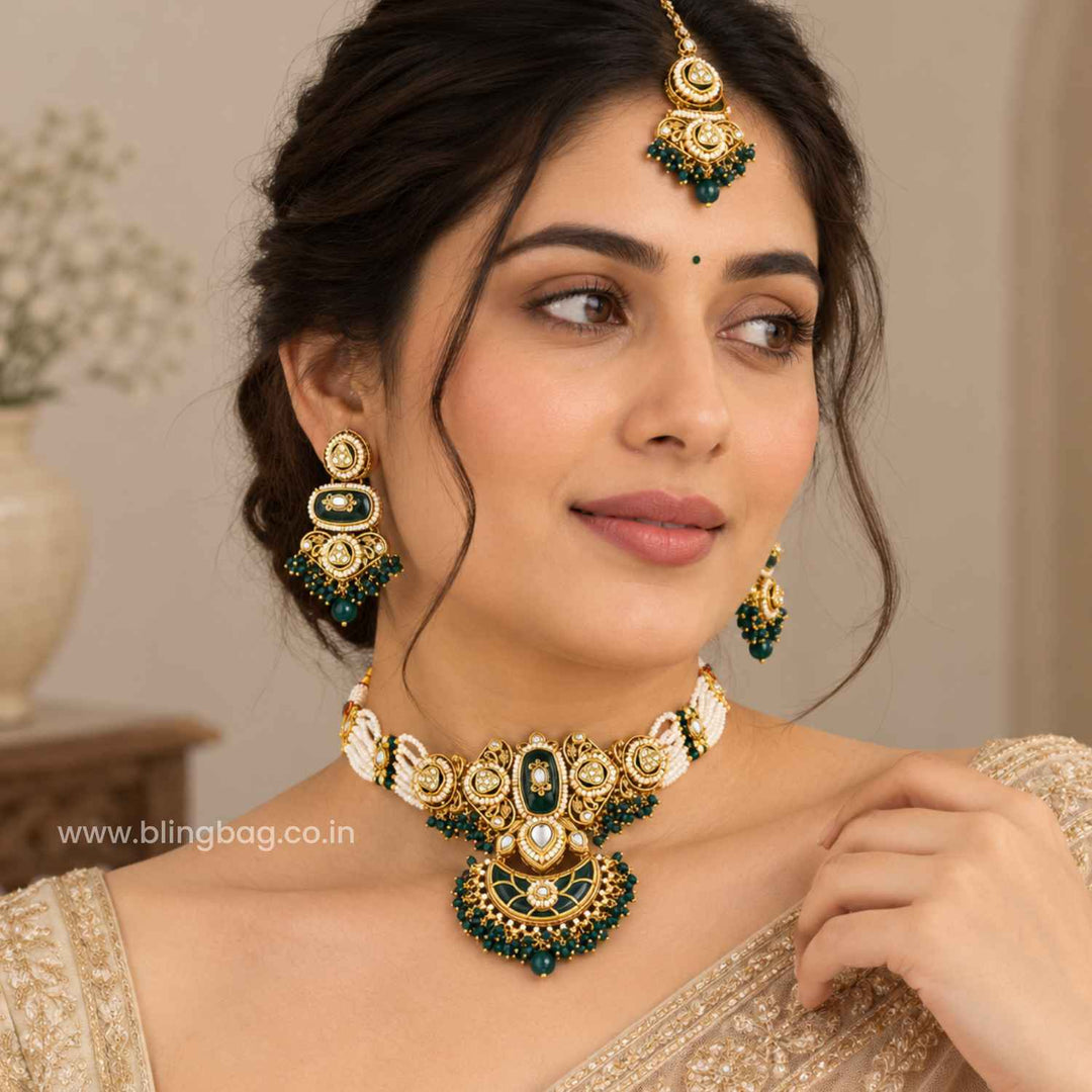 Emerald Ahanvi Kundan Jewellery Set - New Arrival