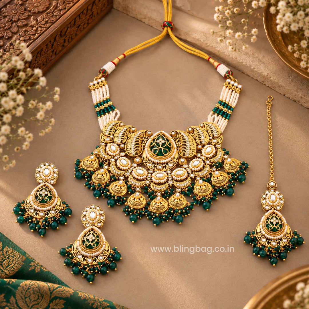 Emerald Aranya Kundan Jewellery Set - New Arrival