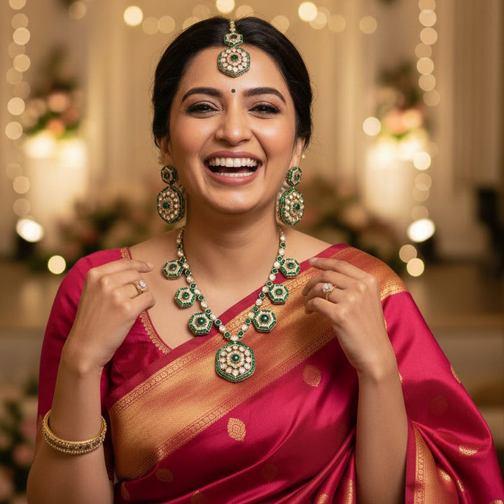 Emerald Caroliya Kundan Jewellery Set