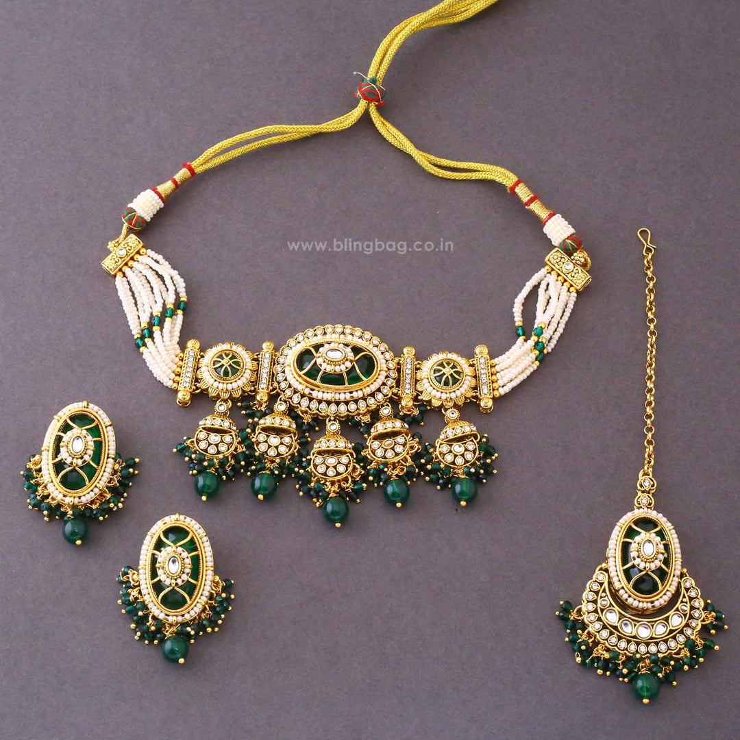 Emerald Eshvi Kundan Jewellery Set