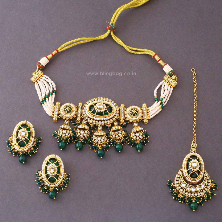 Emerald Eshvi Kundan Jewellery Set