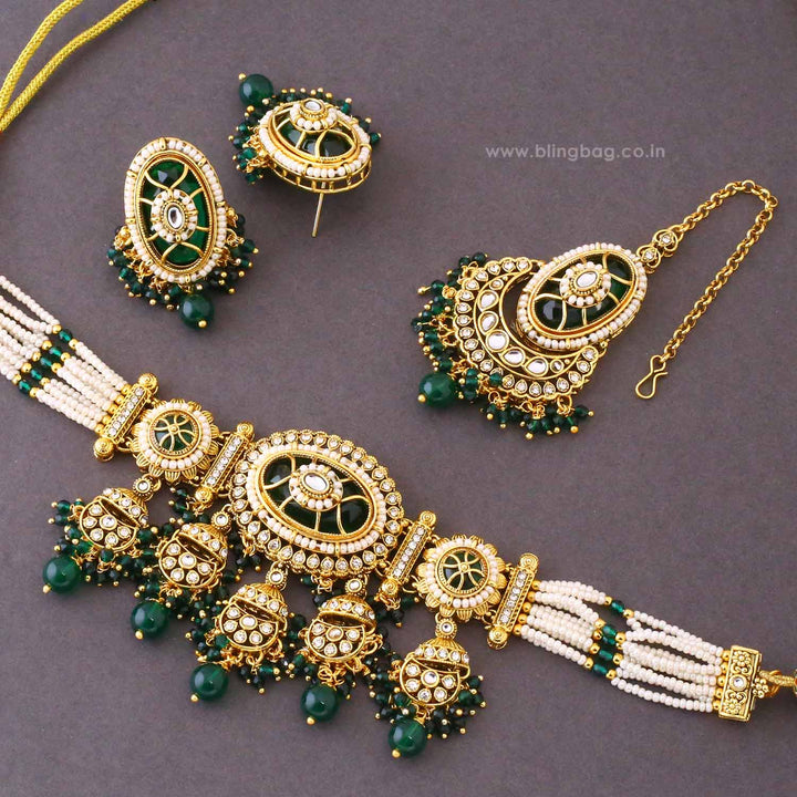 Emerald Eshvi Kundan Jewellery Set