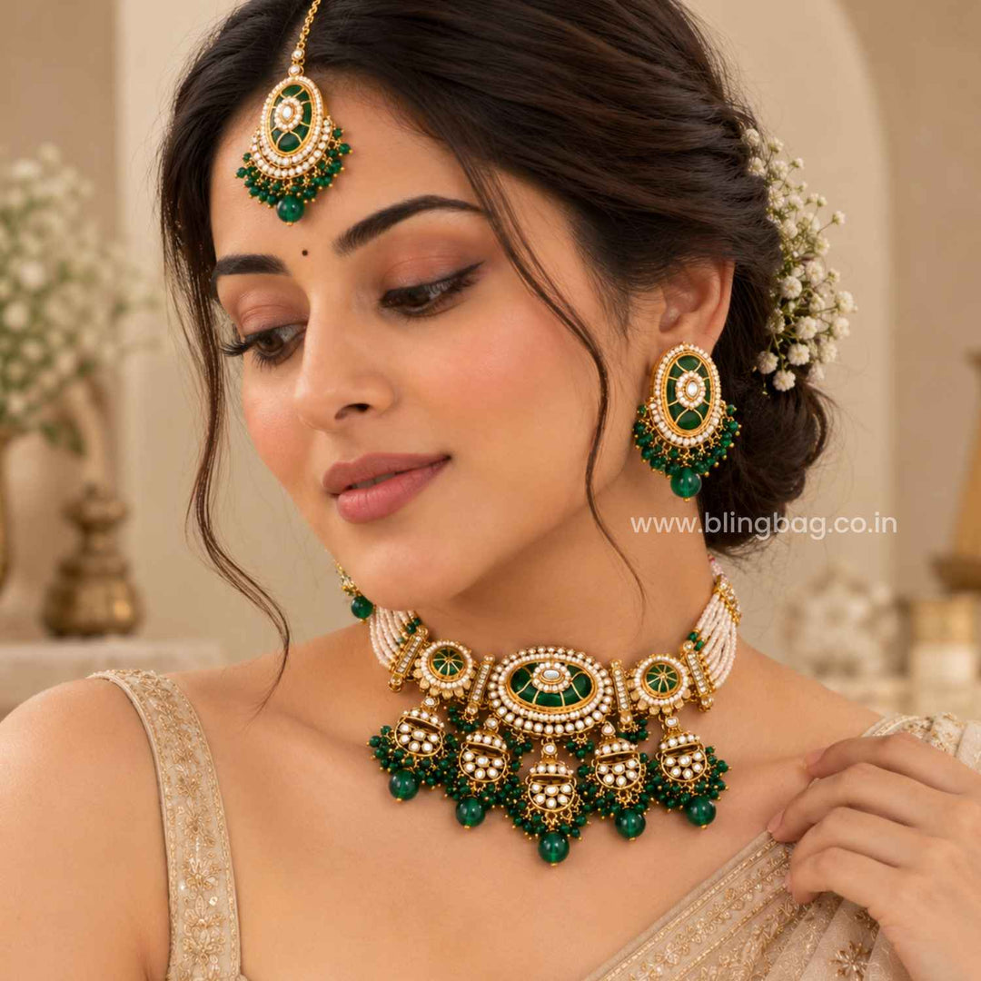 Emerald Eshvi Kundan Jewellery Set