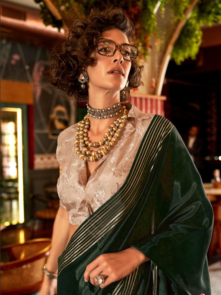 Emerald Handloom Weaving Pure Viscos Saree - Main Image