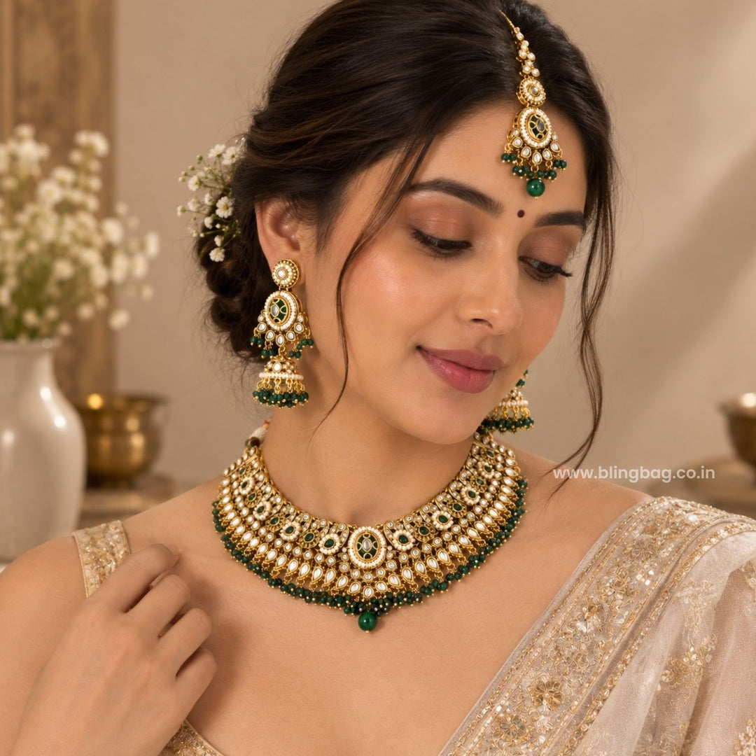 Emerald Ishvika Kundan Jewellery Set - New Arrival