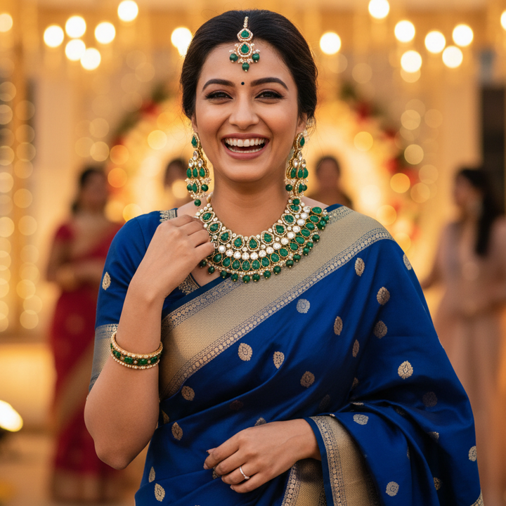 Emerald Kaviya Kundan Jewellery Set