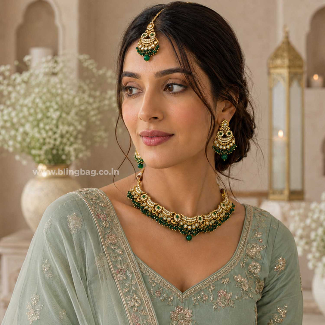 Emerald Meeraita Kundan Jewellery Set