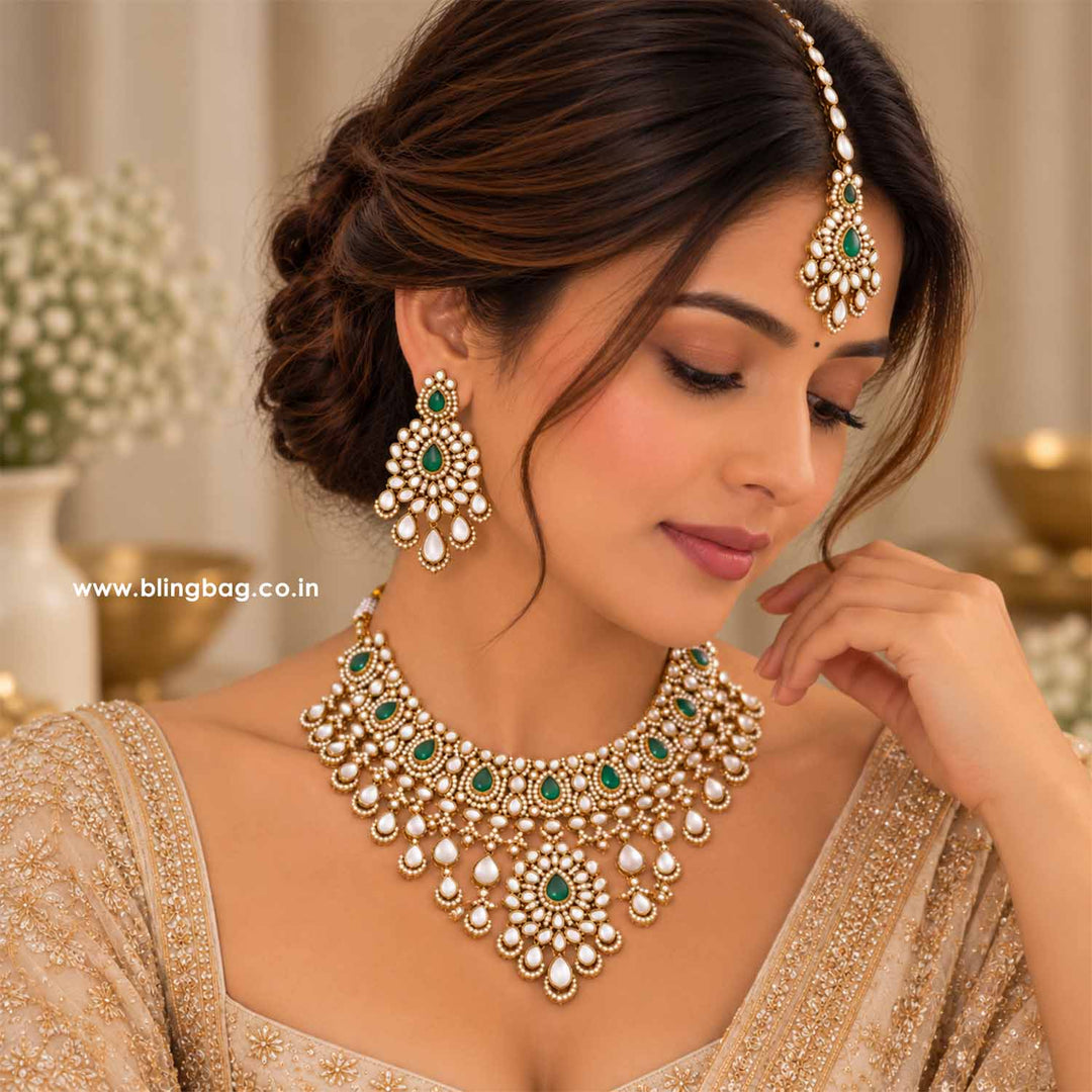 Emerald Ovika Kundan Jewellery Set - New Arrival