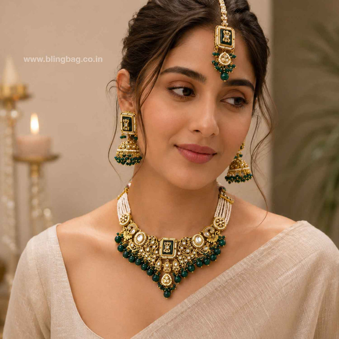 Emerald Pashmora Kundan Jewellery Set