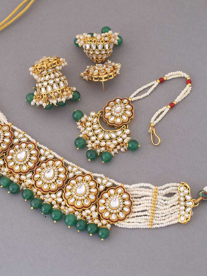 Emerald Pranami Kundan Jewellery Set