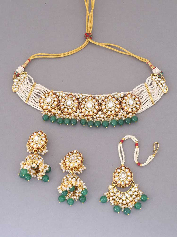 Emerald Pranami Kundan Jewellery Set
