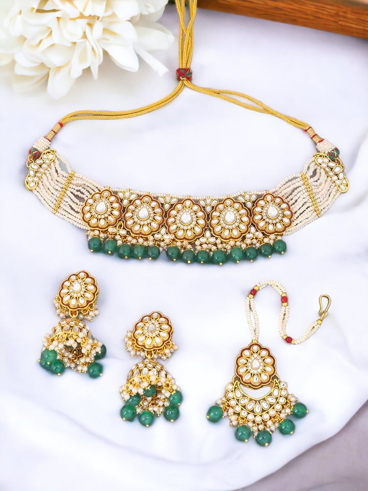 Emerald Pranami Kundan Jewellery Set