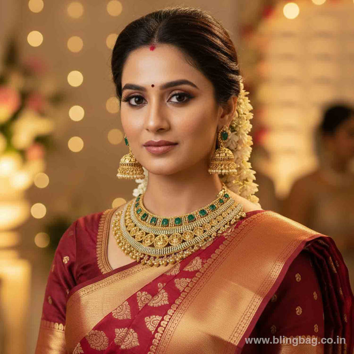 Emerald Rajeshwaria Hasli Temple Jewellery Set - New Arrival