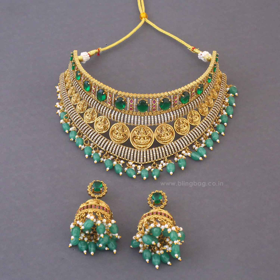 Emerald Rajeshwaria Hasli Temple Jewellery Set - New Arrival