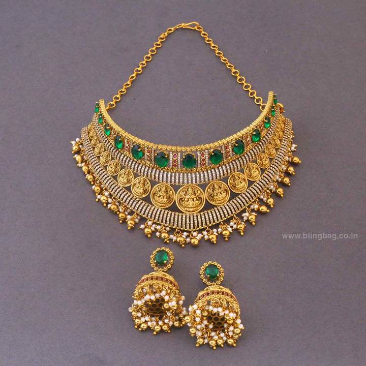 Emerald Rajeshwaria Hasli Temple Jewellery Set - New Arrival