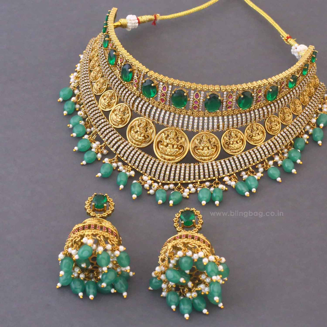 Emerald Rajeshwaria Hasli Temple Jewellery Set - New Arrival