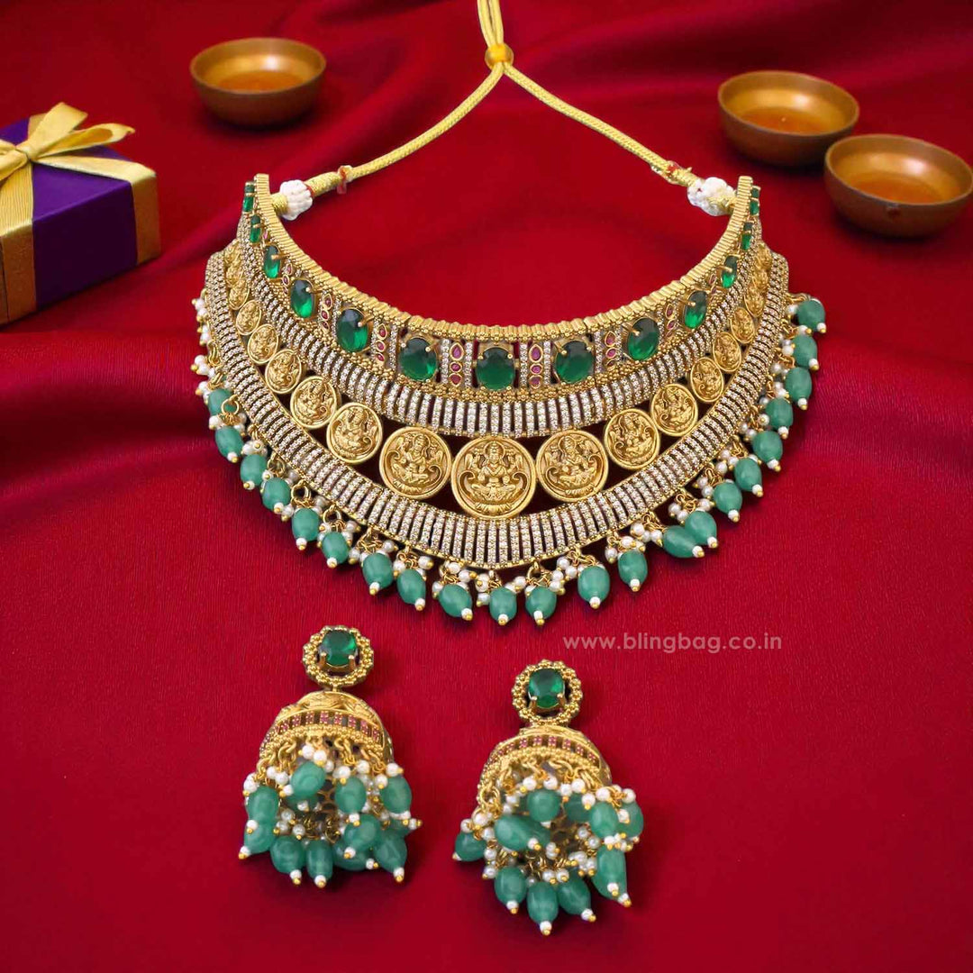 Emerald Rajeshwaria Hasli Temple Jewellery Set - New Arrival
