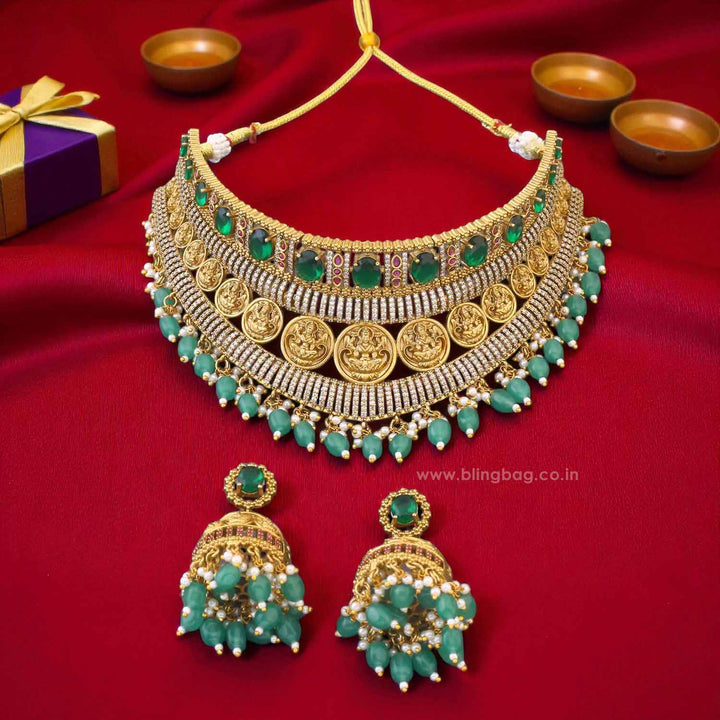 Emerald Rajeshwaria Hasli Temple Jewellery Set - New Arrival