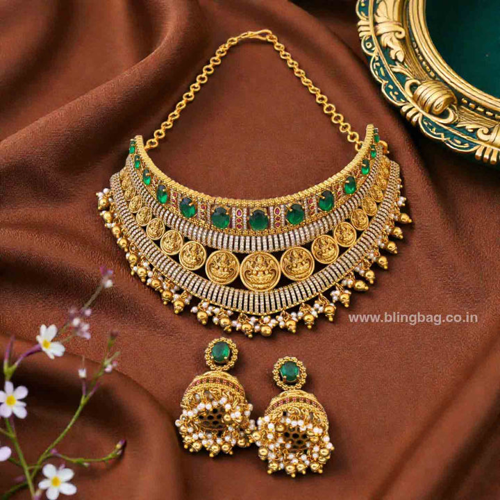 Emerald Rajeshwaria Hasli Temple Jewellery Set - New Arrival