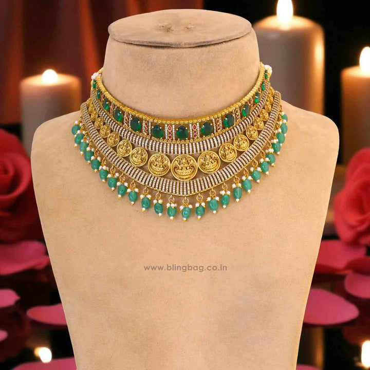 Emerald Rajeshwaria Hasli Temple Jewellery Set - New Arrival