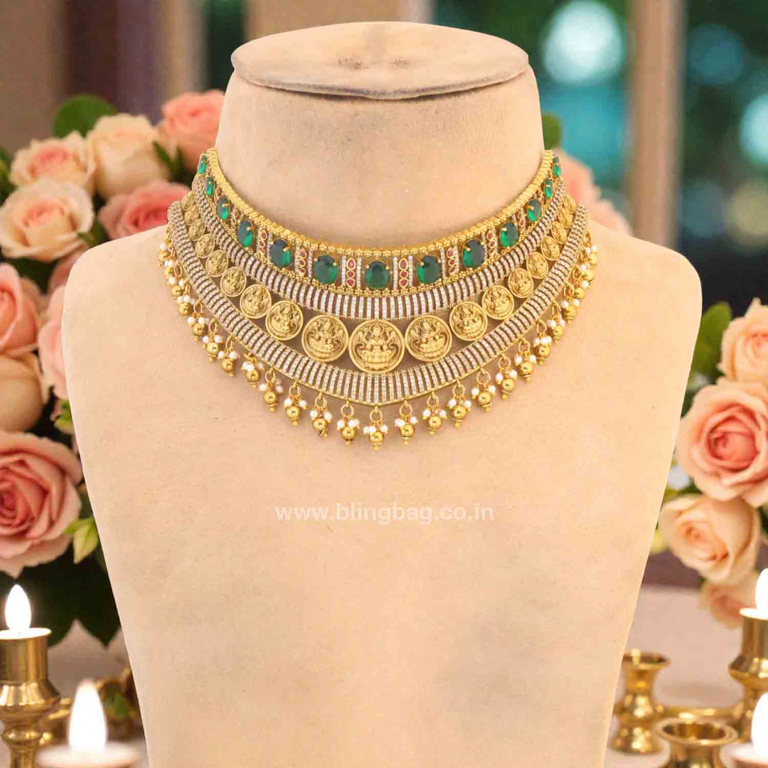 Emerald Rajeshwaria Hasli Temple Jewellery Set - New Arrival