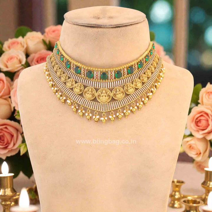 Emerald Rajeshwaria Hasli Temple Jewellery Set - New Arrival