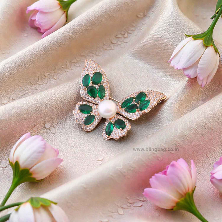 Emerald Rosy Butterfly Brooch